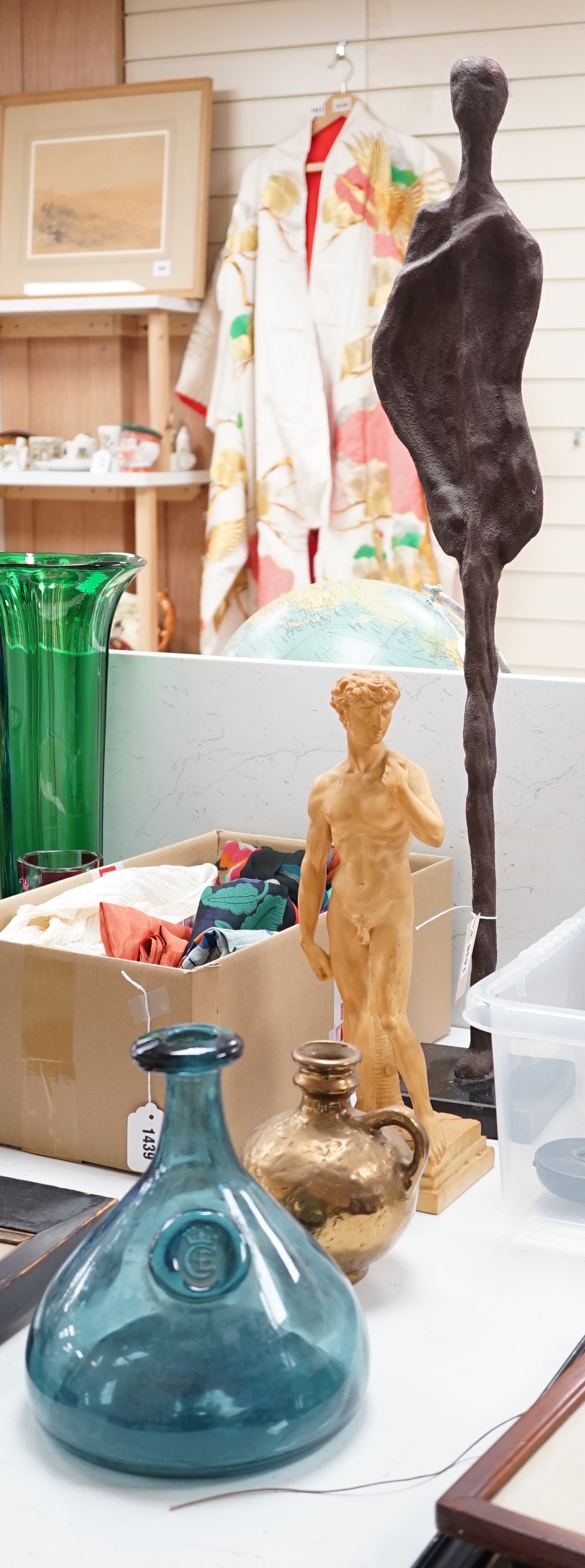 After Michelangelo - David, signed Ruggeri, a cast metal monopodia, bronze ewer and pressed glass carafe, tallest 83cms high